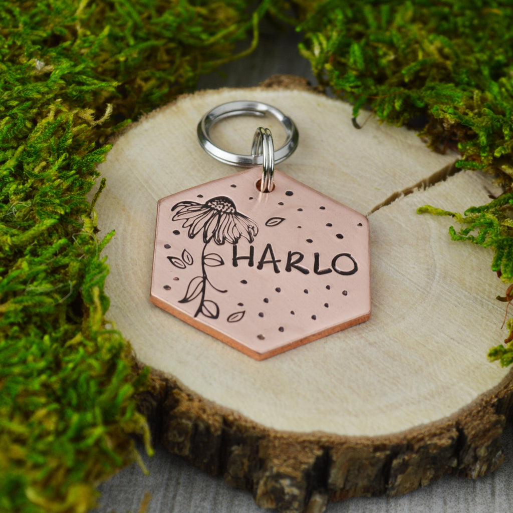 Cone Flower Handstamped Hexagon Pet ID Tag 