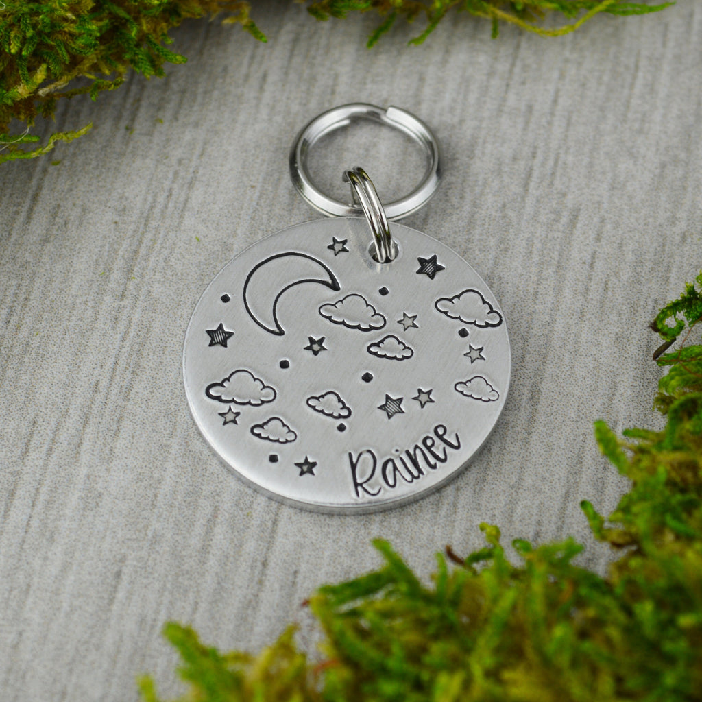 Cloudy Night Handstamped Pet ID Tag 