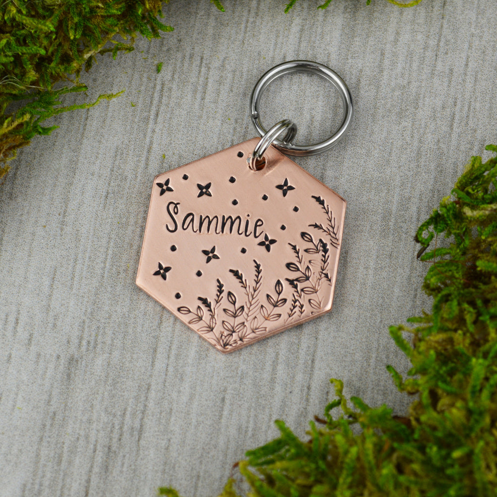 Starry Meadow Handstamped Hexagon Pet ID Tag 