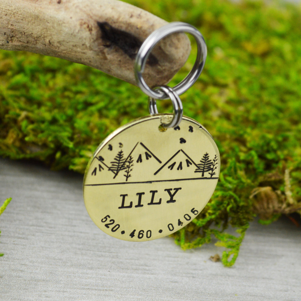 The Mountains are Calling Handstamped Pet ID Tag 