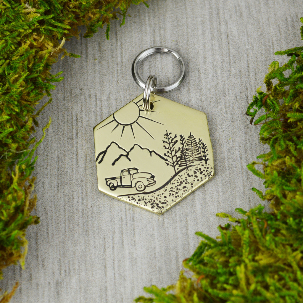 Drive Through the Mountains Handstamped Hexagon Pet ID Tag 