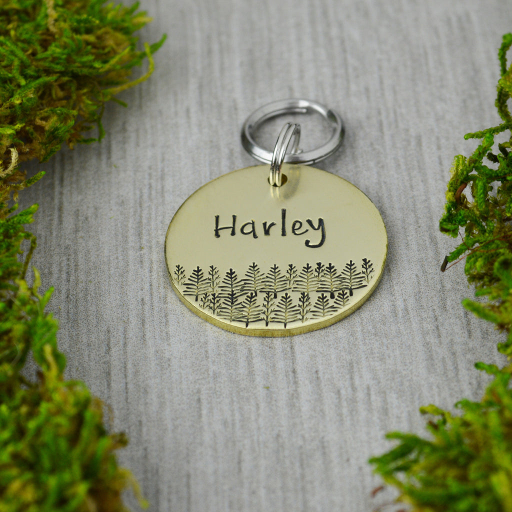 View of the Forest Handstamped Pet ID Tag 