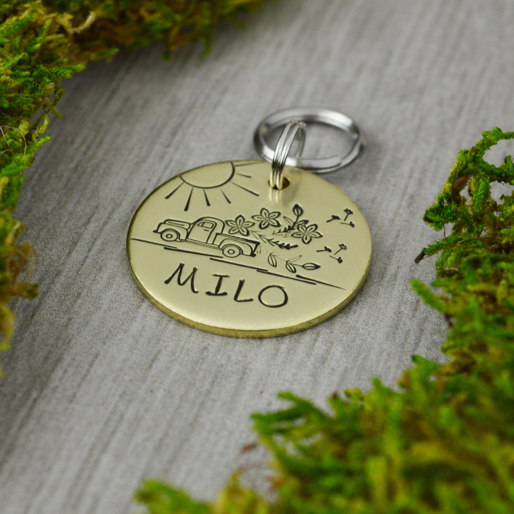 Fresh Flowers Handstamped Pet ID Tag • Personalized Pet/Dog ID Tag • Floral Dog Collar Tag • Custom Engraved Dog Tag