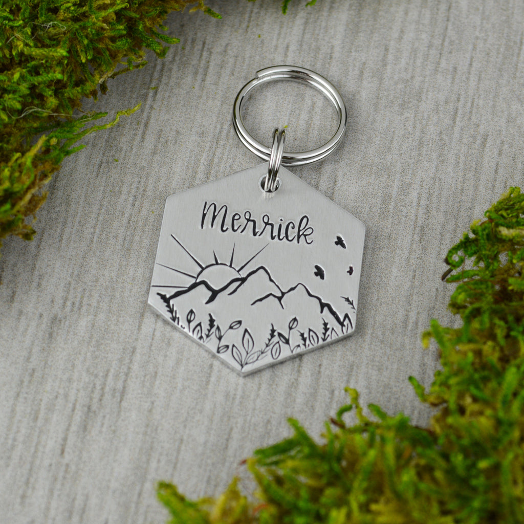 Sunrise Over the Mountain Meadows Handstamped Hexagon Pet ID Tag 