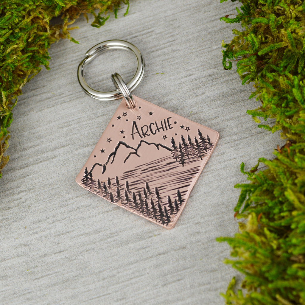 Mountain Lake Handstamped Square Pet ID Tag 