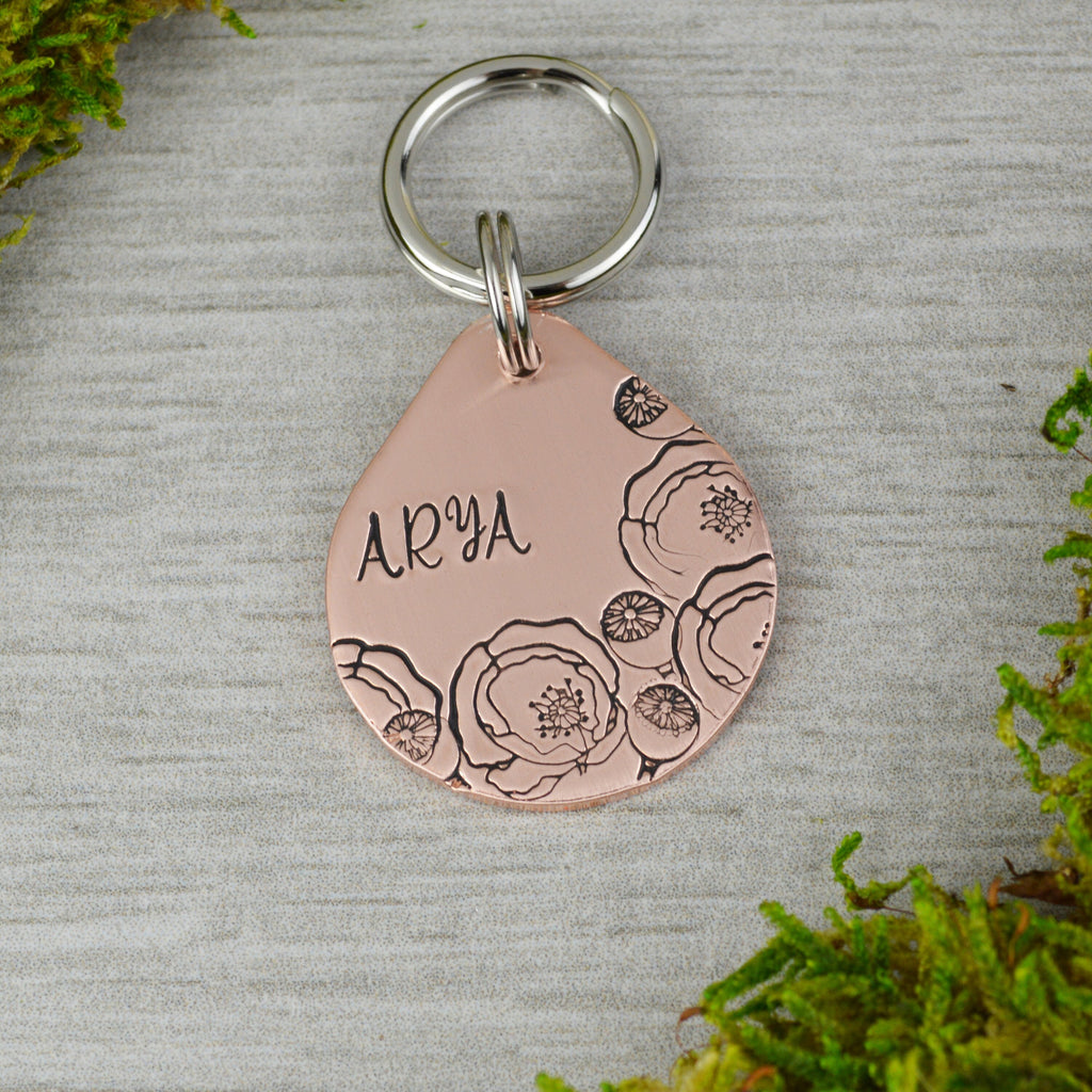 Poppy Blooms Handstamped Pet ID Tag • Personalized Pet/Dog ID Tag • Floral Dog Collar Tag • Custom Engraved Dog Tag
