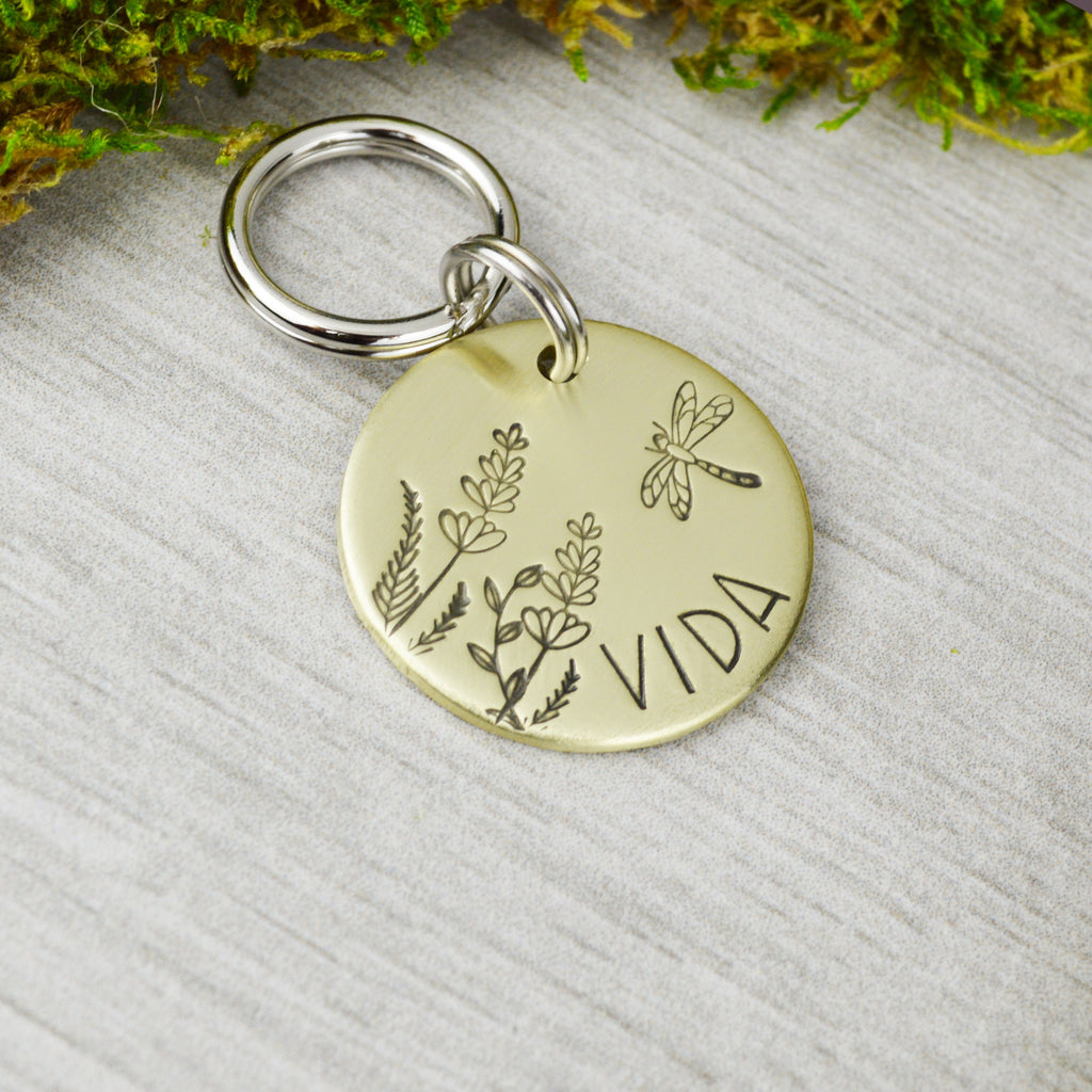 Dragonfly in the Garden Handstamped Pet ID Tag 