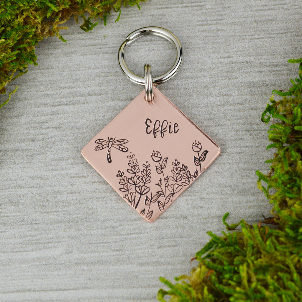 Dragonfly in the Wildflowers Handstamped Square Pet ID Tag 