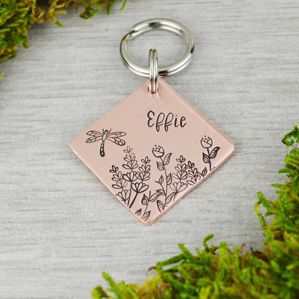 Dragonfly in the Wildflowers Handstamped Square Pet ID Tag 