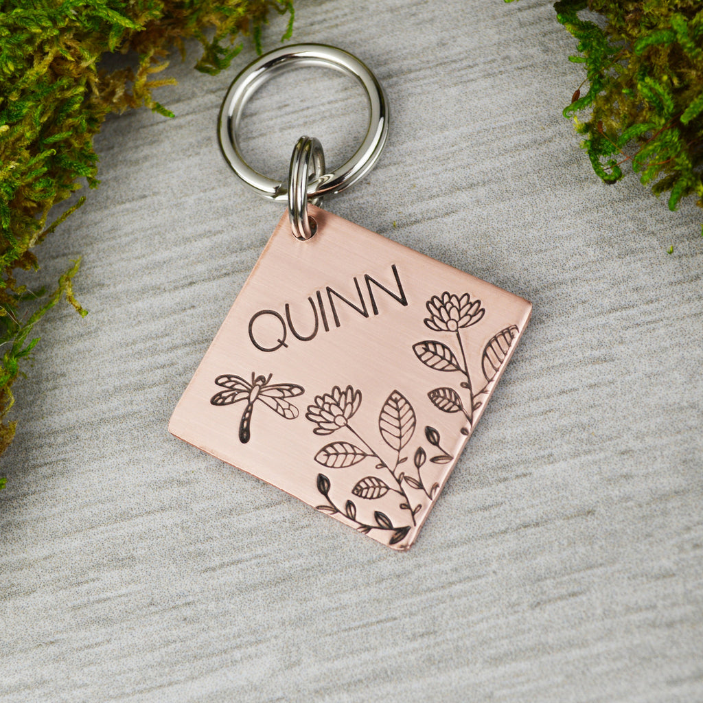 Floral Dragonfly Handstamped Square Pet ID Tag 