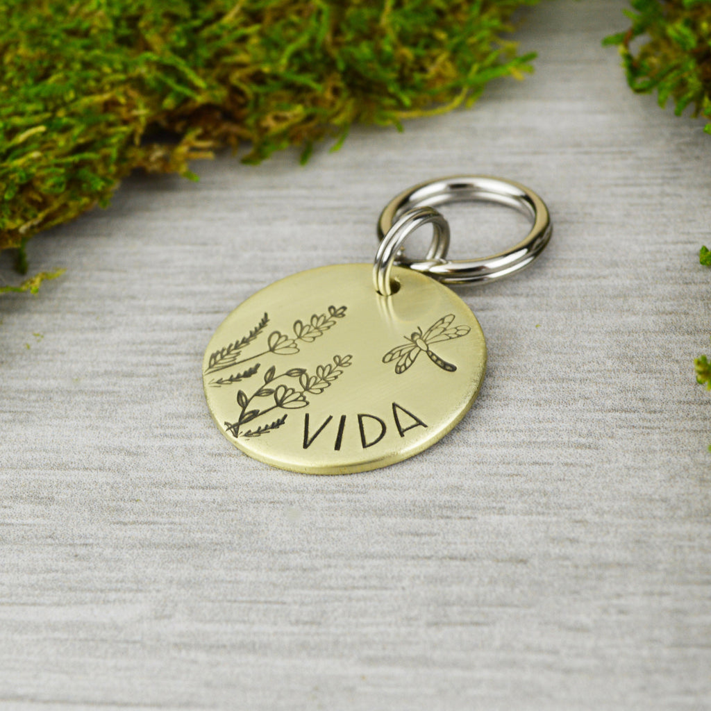 Dragonfly in the Garden Handstamped Pet ID Tag 