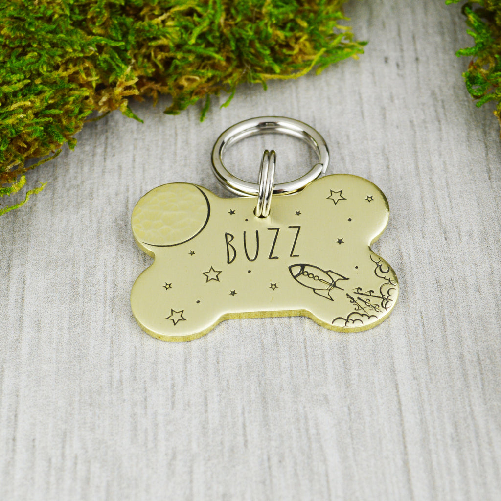 Shuttle to the Moon Handstamped Pet ID Tag 