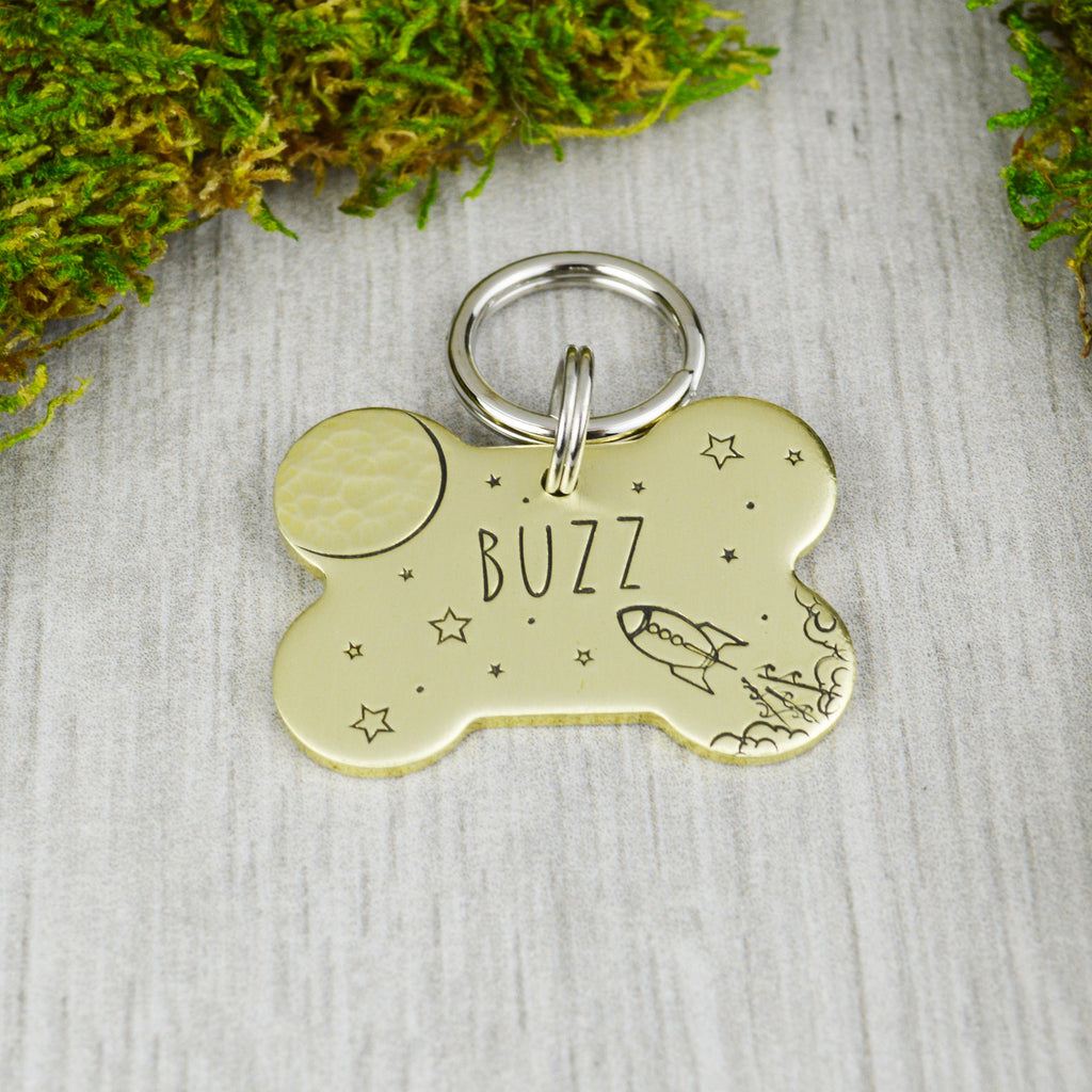 Shuttle to the Moon Handstamped Pet ID Tag 