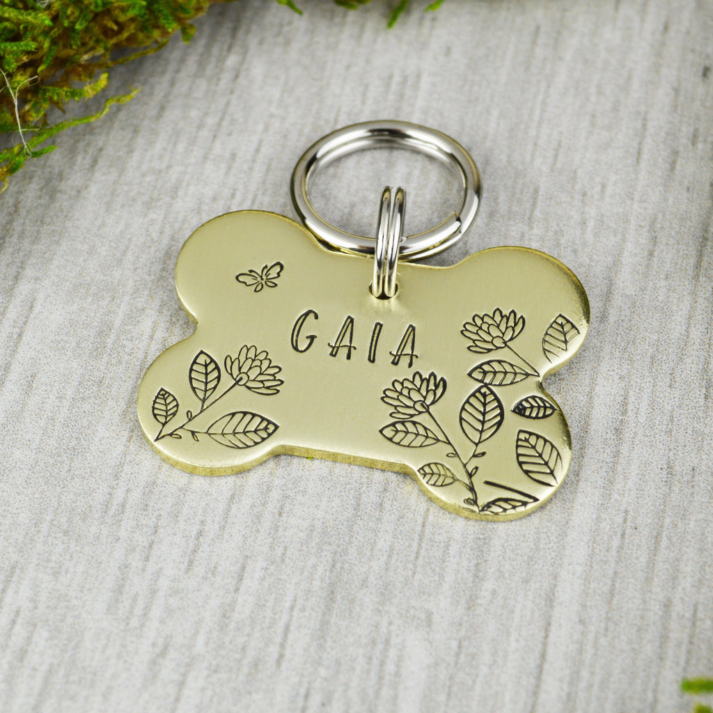Butterfly Among the Dahlias Handstamped Pet ID Tag 