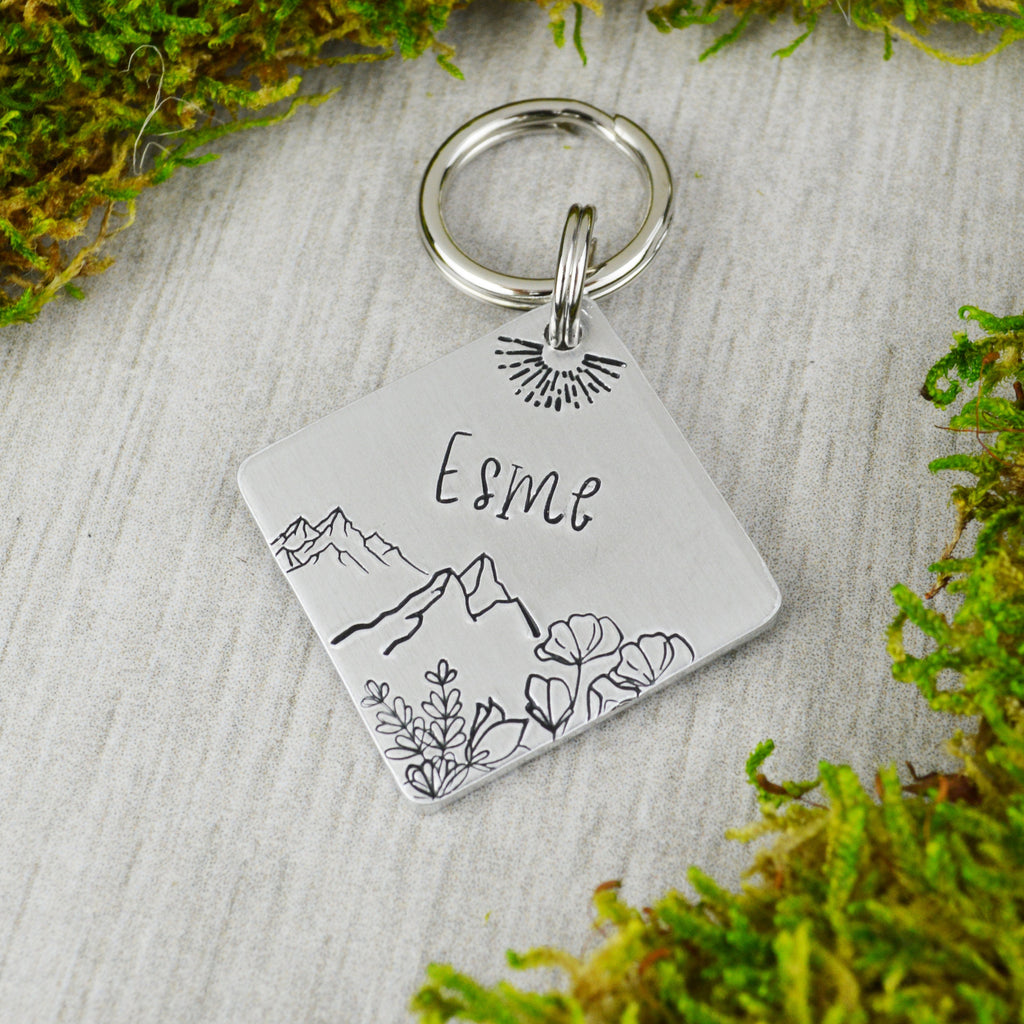 Alpine Meadow Handstamped Square Pet ID Tag 