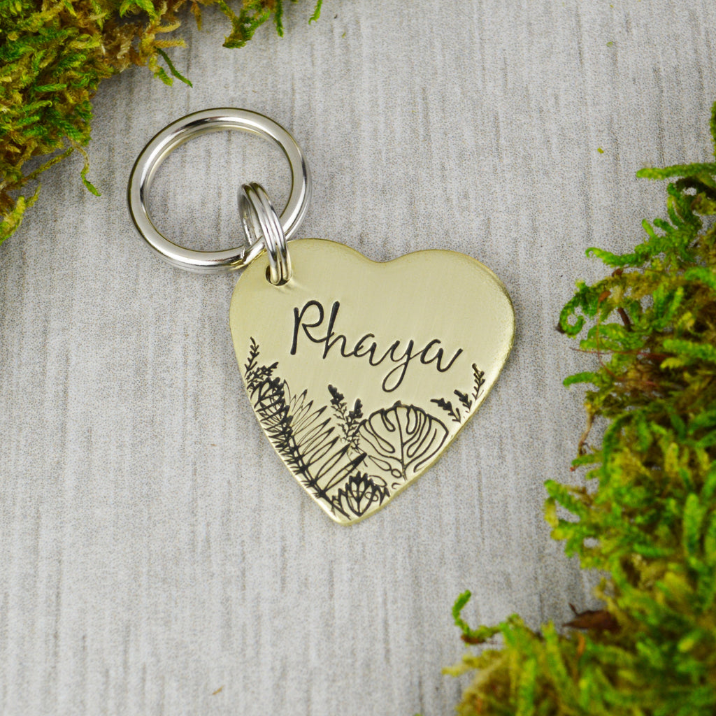 Tropical Leaves Handstamped Square Pet ID Tag 