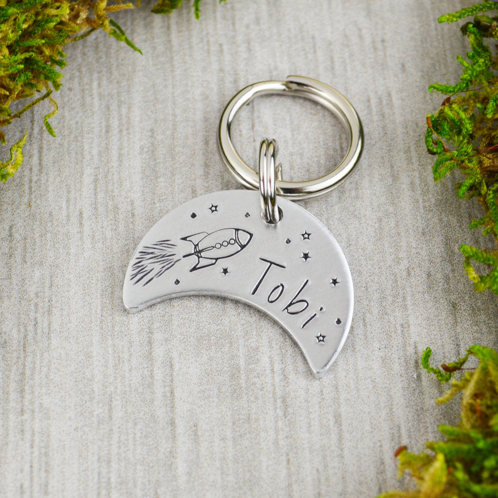 Fly Me To The Moon Handstamped Pet ID Tag 