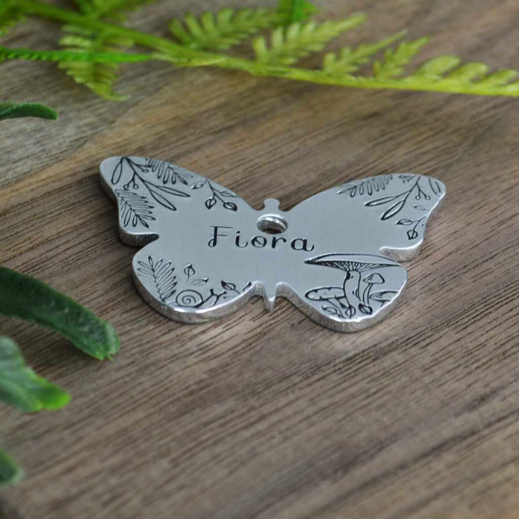Butterfly in the Forest Hand Stamped Dog Collar Tag 