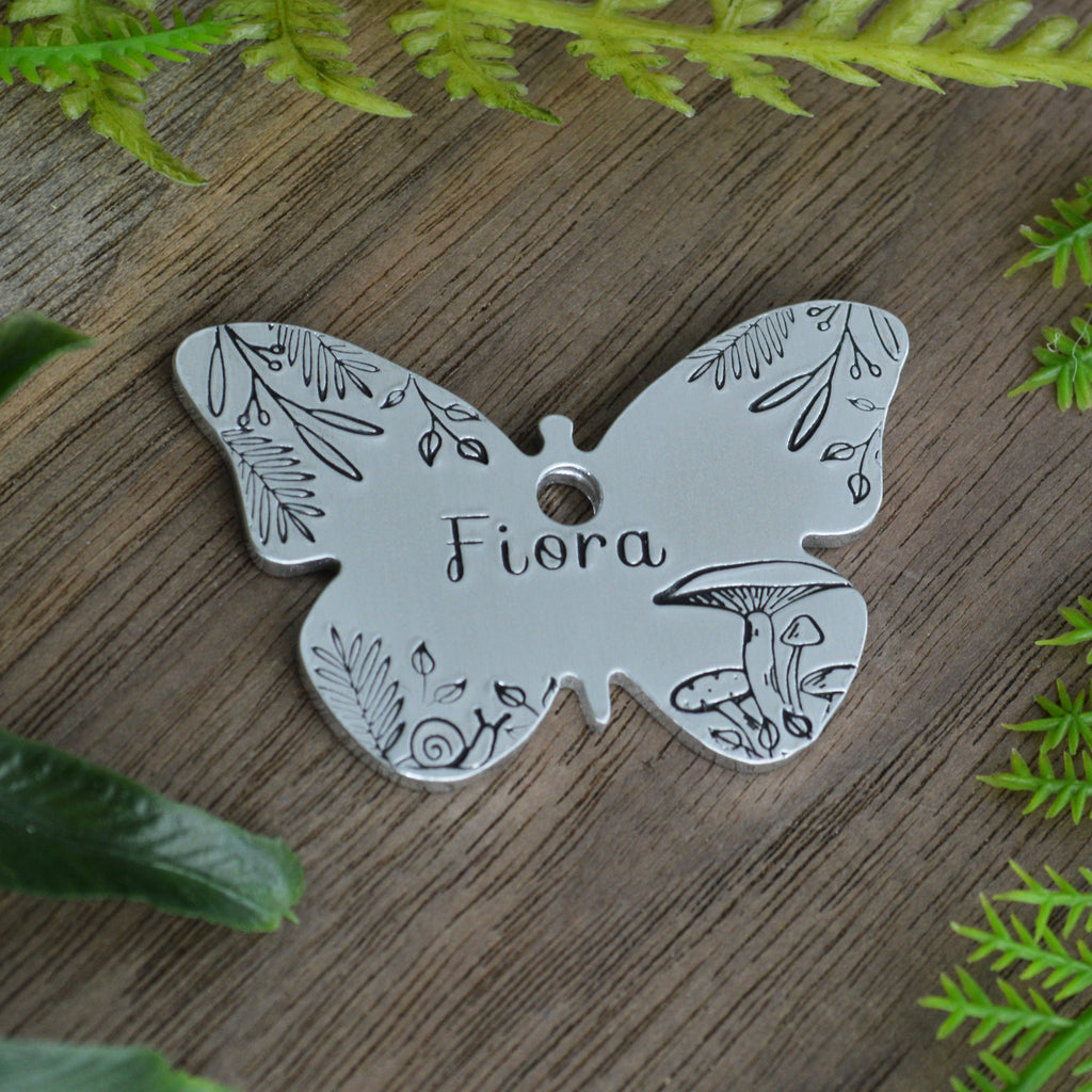 Butterfly in the Forest Hand Stamped Dog Collar Tag 