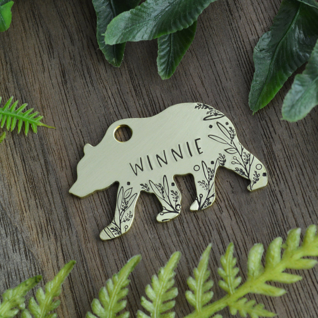 Bear in the Garden Hand Stamped Dog Collar Tag 