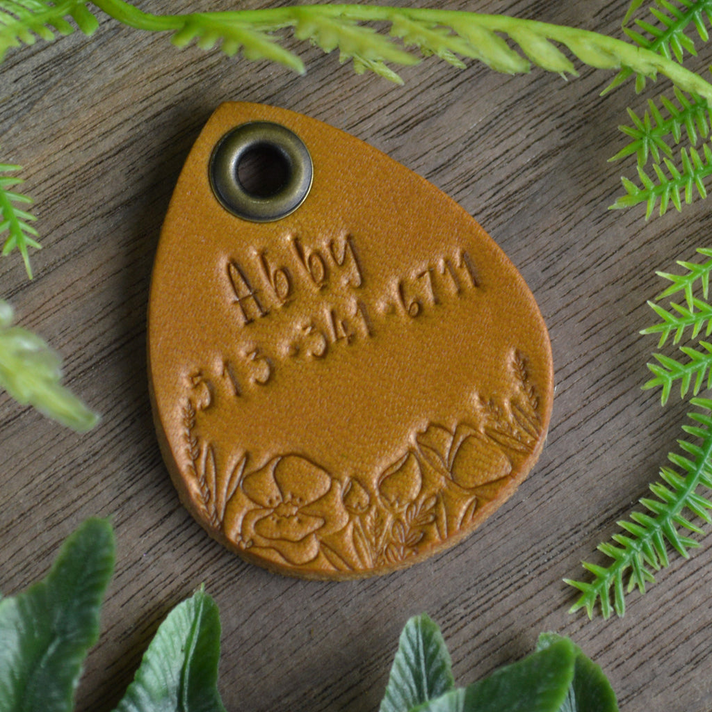 Wildflower Meadow Hand Tooled Leather Dog Tag 