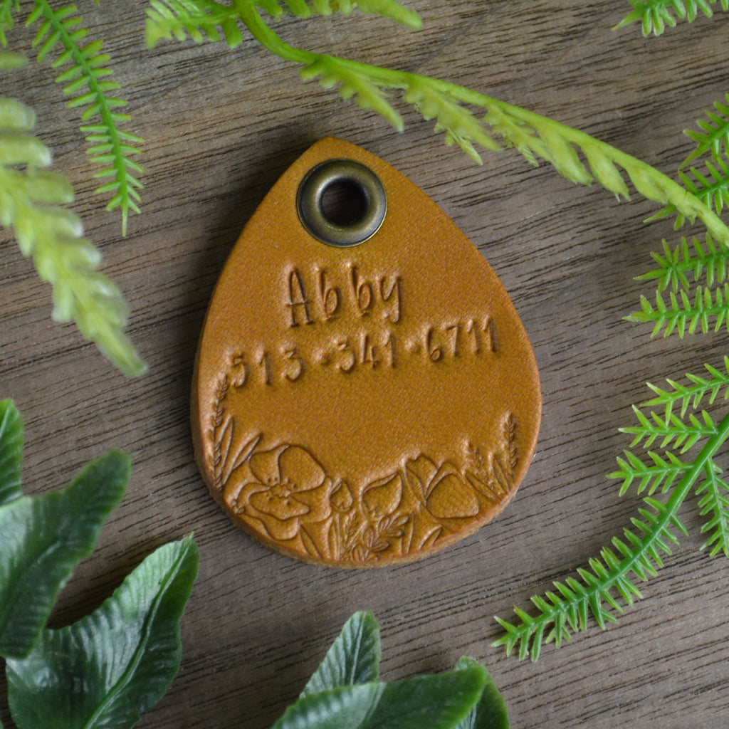 Wildflower Meadow Hand Tooled Leather Dog Tag 