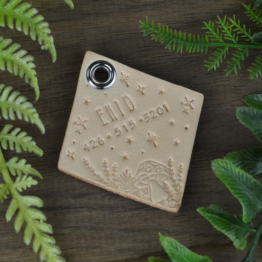 Forest at Night Hand Tooled Leather Dog Tag 
