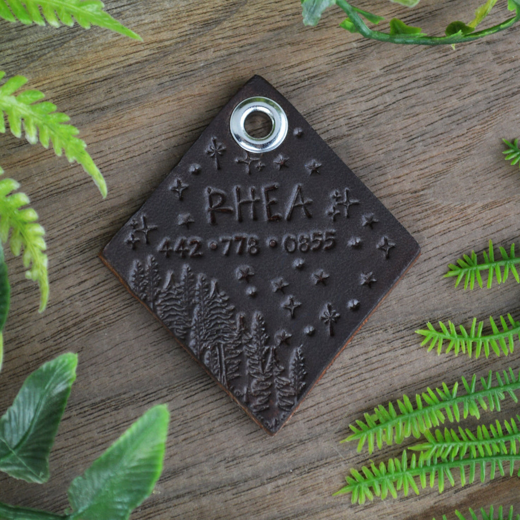 Winter Night Hand Tooled Leather Dog Tag 