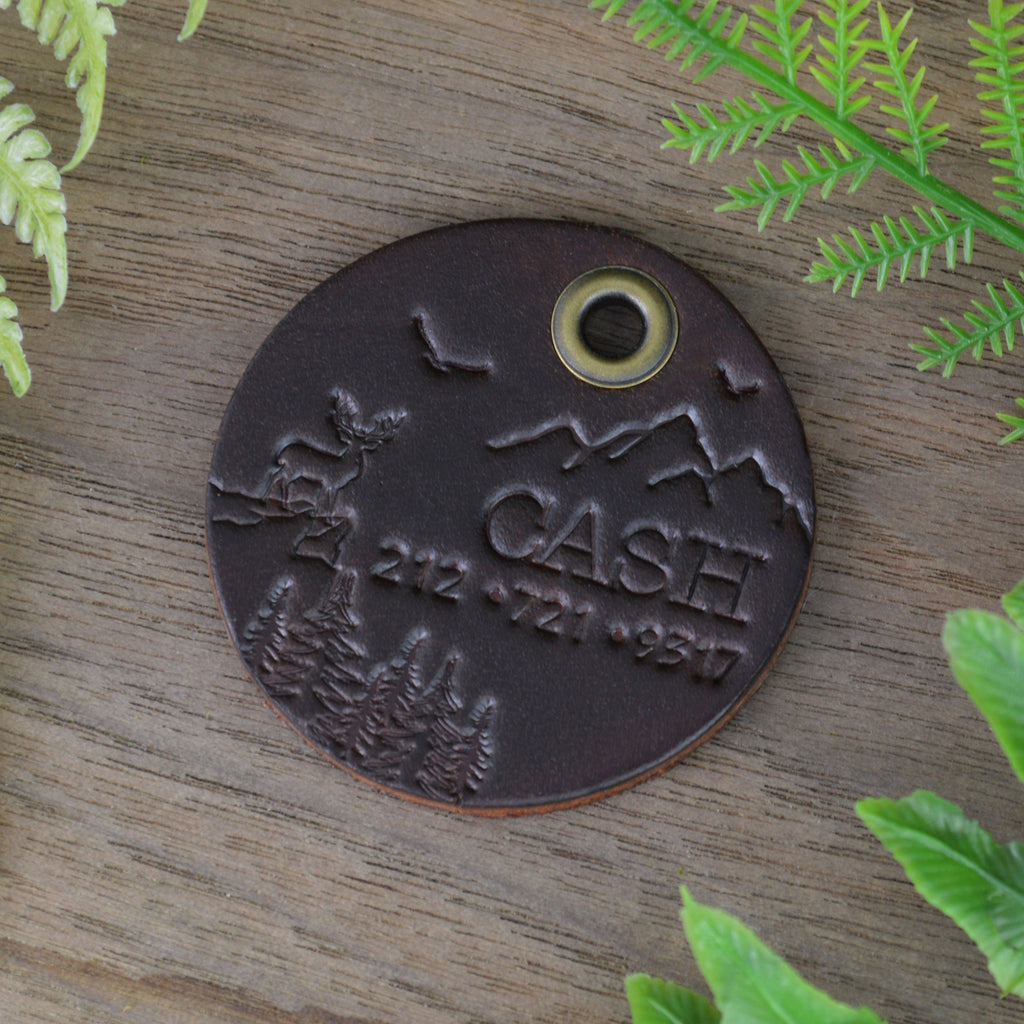 Stag on the Ridge Hand Tooled Leather Dog Tag 