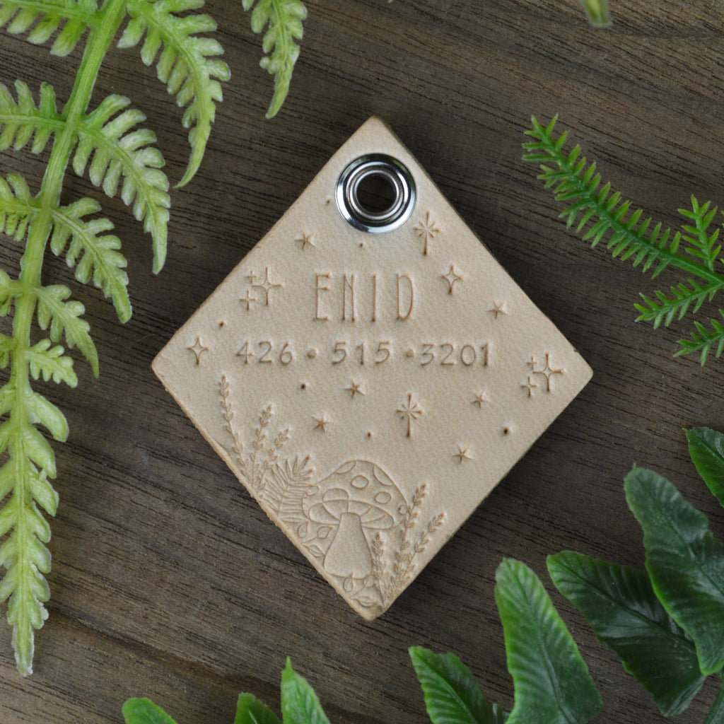 Forest at Night Hand Tooled Leather Dog Tag 