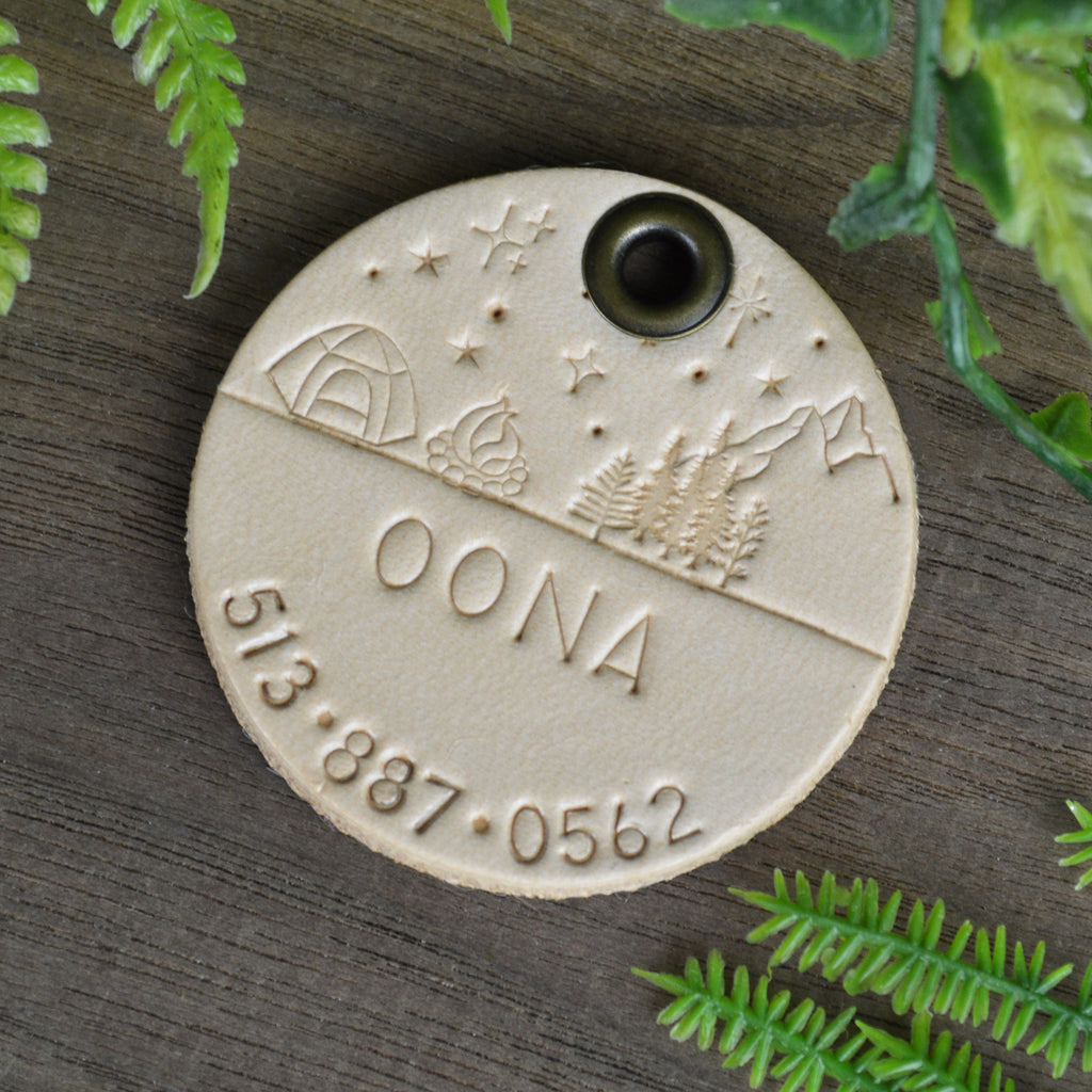 Camping on the Ridge Hand Tooled Leather Dog Tag 